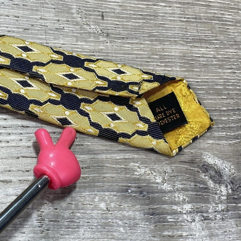 VINTAGE Charvet Tie Mens Gold Black Geometric Diamond Jacquard Polyester‎ 90s